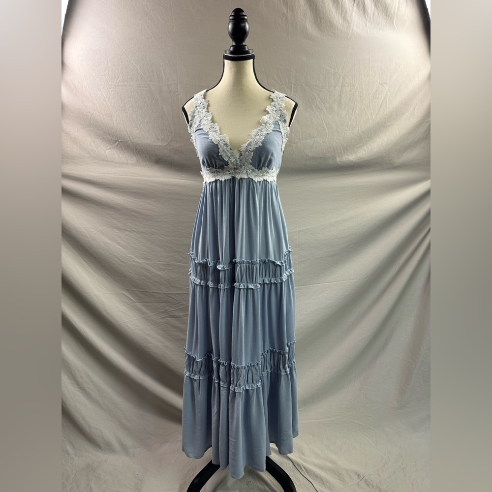 Boho Lace A-Line Flounce Hem Dress Blue - Picture 8 of 12